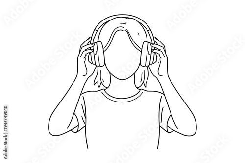 Minimal line art illustration of a person adjusting over-ear headphones with both hands, faceless portrait emphasizing listening, audio, and music