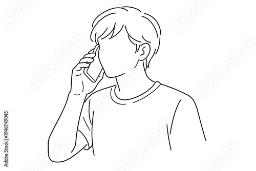Minimal line art illustration of a young person holding a smartphone to their ear, making a phone call in a simple black and white outline style