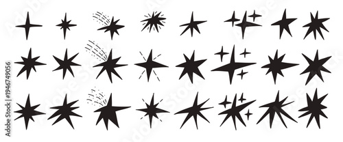 Stars falling silhouette. Hand drawn stardust. Twinkles spark black set. Handmade scribble magic twinkles collection. Kids celestial collage paper pieces blinks. Vector asterisk isolated no background