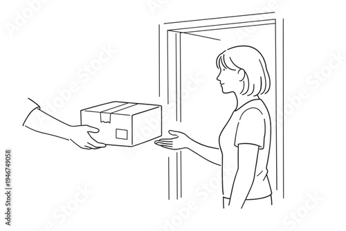 Line drawing of a courier handing a sealed package to a woman at the doorway, illustrating home delivery service and contactless parcel transfer