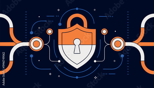 Digital security vector illustration featuring a prominent shield padlock icon symbolizing strong data protection and network integrity against cyber threats