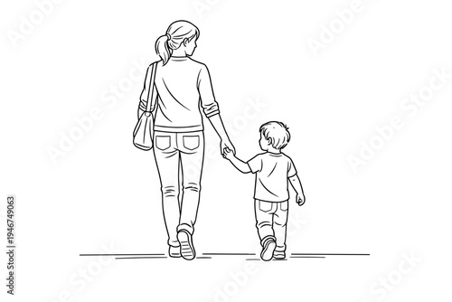 Minimal line drawing of a mother walking hand in hand with her young child, rear view, simple outline illustration on white background