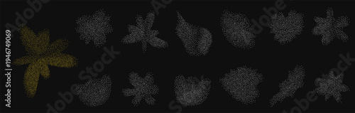 Dissolved ethereal flower and leaves grain gradient shapes. Gentle florals set with soft blurry dotwork. Organic noise trendy icons for water garden design. Vector grainy wildflowers forms.
