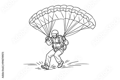 Black and white line drawing of a parachutist landing on the ground with canopy open, harness and helmet visible in a simple outline illustration