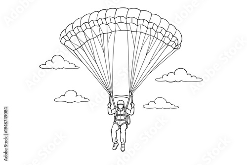 Line art illustration of a parachutist descending with an open canopy, harness, and suspension lines floating among simple clouds in the sky