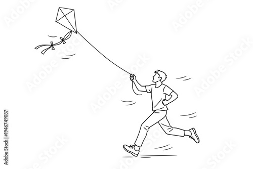 Minimal line art illustration of a man running while flying a kite in the wind, holding the string as the kite soars through an open sky