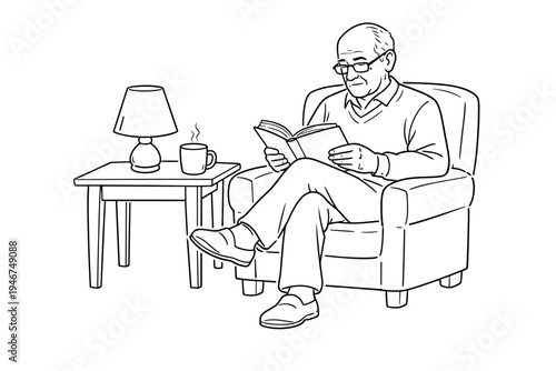 Line art illustration of an elderly man relaxing in an armchair while reading a book beside a side table with lamp and steaming mug