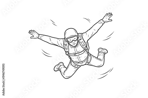 Black and white line drawing of a skydiver in freefall with goggles, helmet, and parachute harness, arms and legs spread in midair