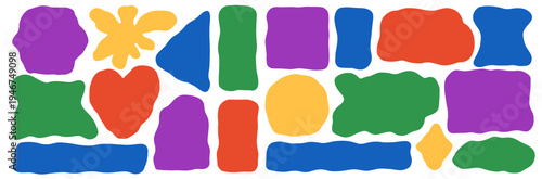 Organic irregular forms geometric shapes. Wavy rectangle, square frames with heart, blob for text. Arc, triangles box and curvy blot. Flat geometric set with oval, quote block and uneven sticker bg.