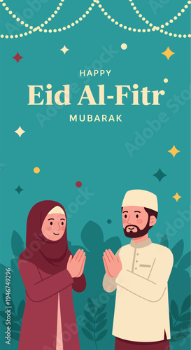Potrait vector illustration of a couple celebrate eid al-fitr