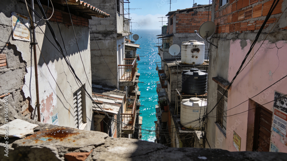Fototapeta premium ブラジルのファヴェーラ密集住宅、その隙間から覗く青い海と都市の圧縮感