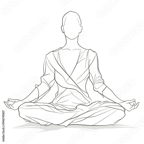 Elegant minimalist line drawing of a person meditating in lotus pose. Calm mindfulness concept isolated on white background, ideal for yoga, wellness and spiritual branding