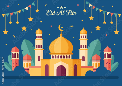 Vector illustration a yellow mosque celebrate eidd al-fitr, vector illustration