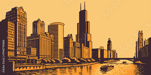 USA, US, U.S, United States - Chicago skyline over river glowing sunset reflections panoramic cityscape 
