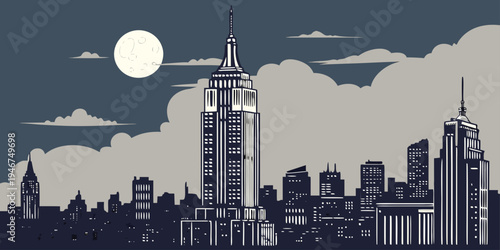 USA, US, U.S, United States - Empire State Building illuminated skyscraper skyline night panorama cinematic cityscape
