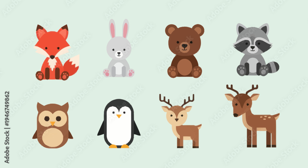 Fototapeta premium Collection of Cute Cartoon Forest Animals and Birds.
