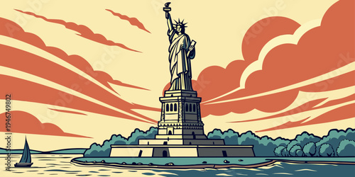 USA, US, U.S, United States - Statue of Liberty harbor sunrise panorama dramatic clouds patriotic travel poster
