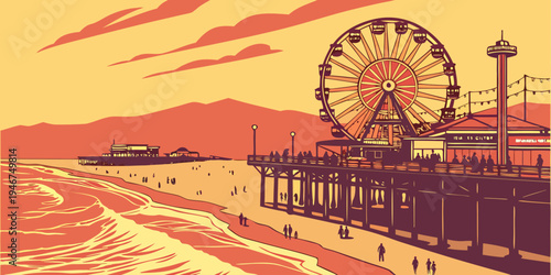 USA, US, U.S, United States - Santa Monica Pier colorful ferris wheel beach sunset panorama vibrant tourism poster 
