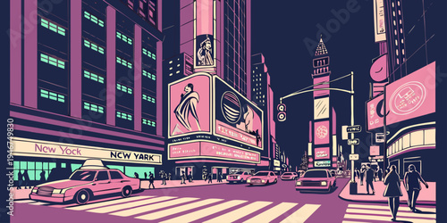 USA, US, U.S, United States - Times Square vibrant neon night panorama glowing billboards and busy city lights 
