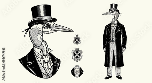 Vintage Illustration of Anthropomorphic Birds in Formal Attire.