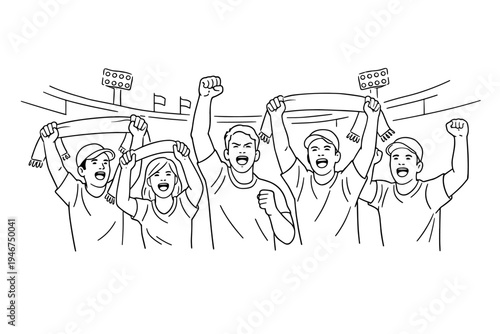 Line art illustration of excited sports fans cheering in a stadium, raising fists and holding scarves in a crowd celebrating a match victory