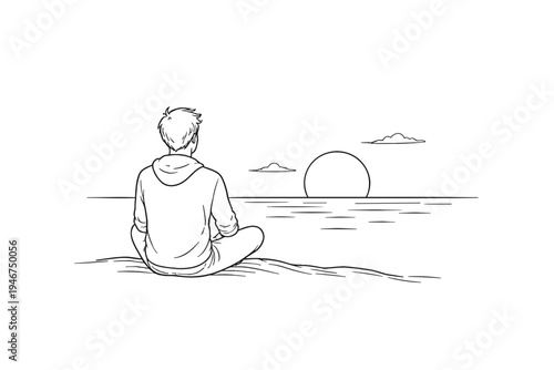 Minimal line drawing of a person sitting on a beach, facing the ocean horizon and setting sun, capturing calm solitude and reflection