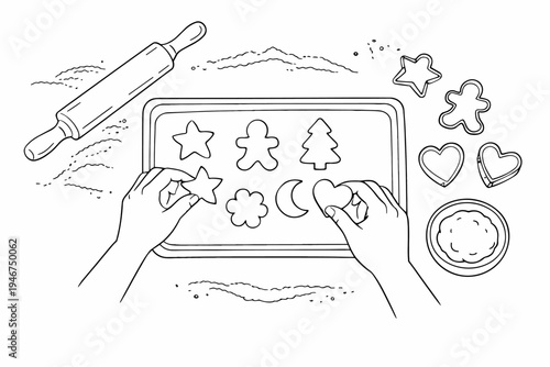 Line art illustration of hands arranging cookie cutter shapes on a baking tray with rolling pin and cutout cookies for holiday baking activity