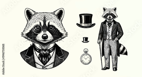 Vintage Raccoon Gentleman Portrait and Full Body Illustration.