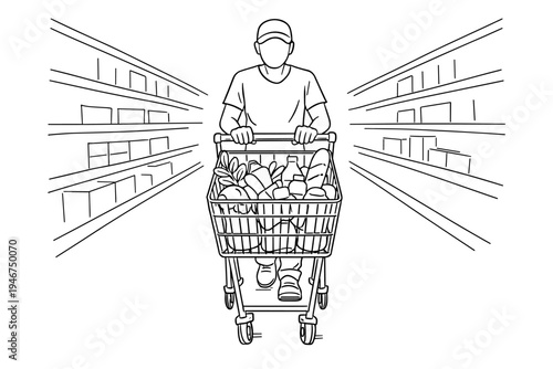 Line art illustration of a shopper wearing a face mask pushing a grocery cart down a supermarket aisle between stocked shelves