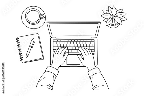 Minimal line art top view of hands typing on a laptop keyboard at a clean desk workspace with notebook, pen, coffee cup, and potted plant