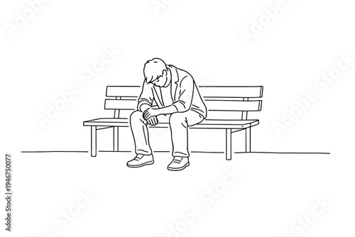 Minimal line drawing of a sad man sitting hunched on a park bench with head down, conveying loneliness, depression, stress, and emotional hardship