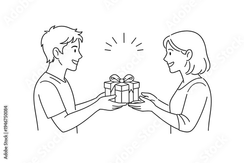 Minimal line drawing of a smiling couple exchanging a wrapped gift box with ribbon, showing celebration, surprise, and affectionate giving gesture
