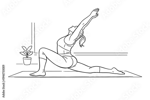 Minimal line art illustration of a woman practicing yoga low lunge pose with raised arms on a mat, indoor studio setting with potted plant