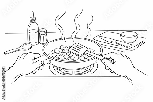Line drawing of hands cooking sizzling diced food in a frying pan on a stovetop, stirring with spatula while steam rises in a kitchen setting