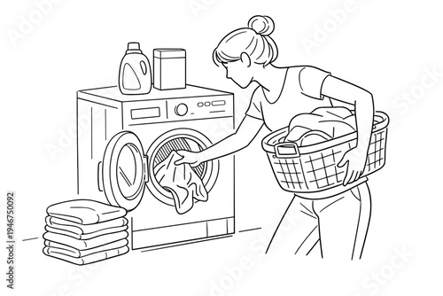 Black and white line illustration of a woman loading clothes into a front-loading washing machine while holding a laundry basket near folded towels
