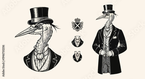 Elegant Crane Dressed in Formal Attire with Top Hat.