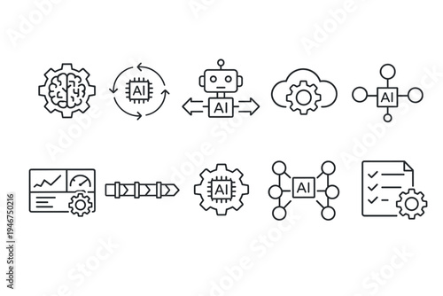Minimal line icons set depicting artificial intelligence, automation, neural processing, robotics, data analytics, workflow, and network integration