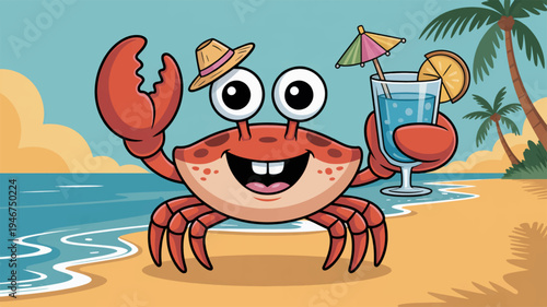 A cheerful cartoon crab in a beach setting with a cocktail and hat on a sunny day with palm trees