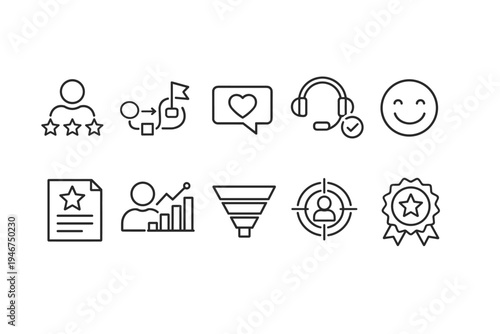 Minimal line icon set for customer service and marketing featuring rating stars, feedback, support headset, smiley, analytics, funnel, target, and badge