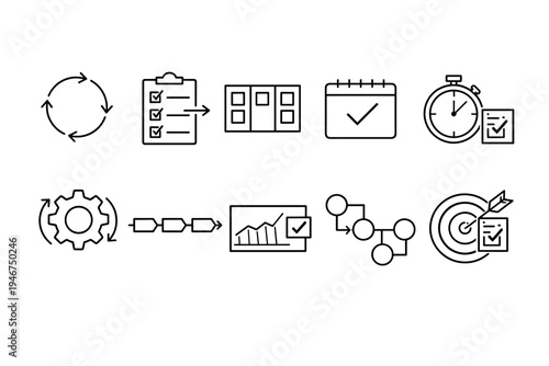 Minimal line icon set for workflow and project management featuring cycle, checklist, planning calendar, stopwatch, settings, charts, network, and targets