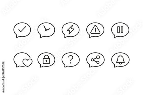 Minimal line icon set of chat bubbles with checkmark, clock, lightning, warning, pause, heart, lock, question, share, and bell notifications