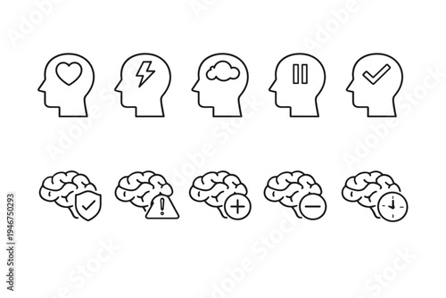 Minimal line icon set of human head and brain symbols showing emotions, ideas, decisions, protection, alerts, addition, subtraction, and time
