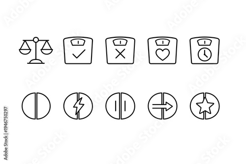 Minimal black line icon set featuring balance scales, approval and rejection stamps, heart and clock symbols, plus circular split, bolt, arrows, and star marks