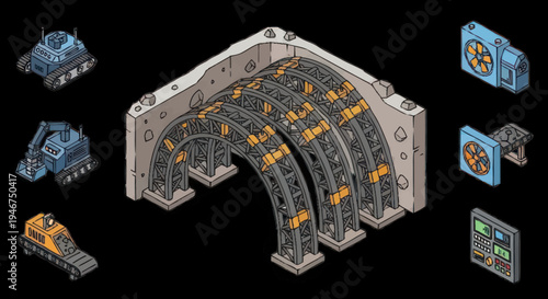 Isometric Futuristic Industrial Machine and Components.