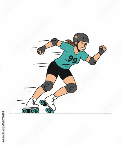 Young female roller skater in action pose dynamic movement vector illustration