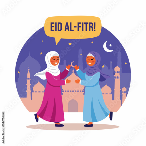 A siblings celebrating Eid al-Fitr mubarak, vector illustration