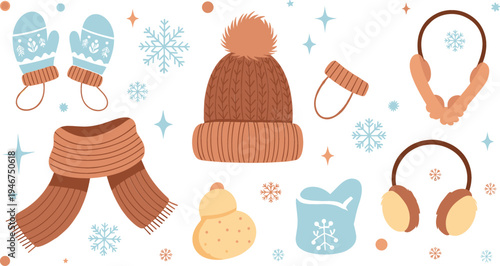 Winter clothing accessories collection featuring knitted hat scarf mittens earmuffs and warm socks with snowflakes cozy seasonal flat vector illustration