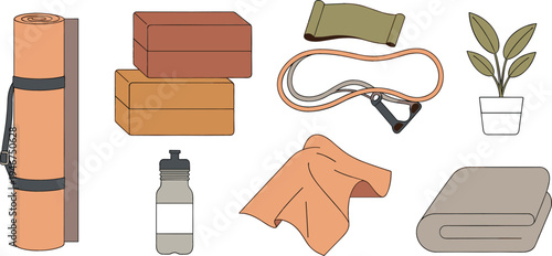 Yoga equipment and accessories collection including mat blocks strap towel water bottle and plant wellness fitness lifestyle flat vector illustration set