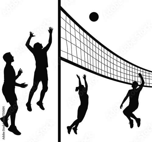 Volleyball players black silhouette set with net and ball, professional sports team vector