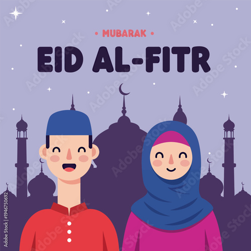 A couple is celebrating Eid al-Fitr mubarak, vector illustration